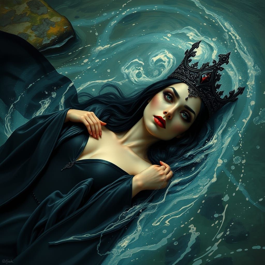Mystical Dark Sorceress in Shimmering River Waters