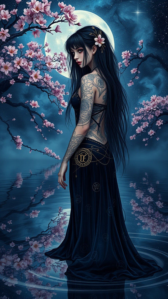 Gothic Girl with Astronomical Signs on a Lake
