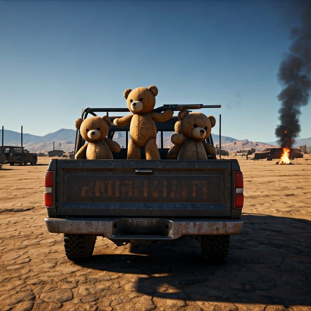 Post-Apocalyptic Teddy Bears in Desert Scene