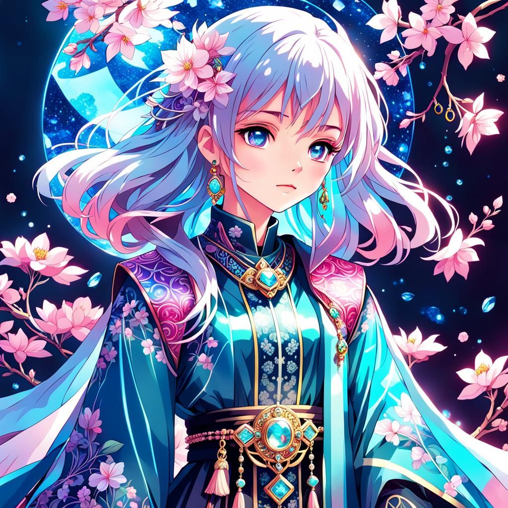 Fantasy Manga Woman in Neon Blossoms