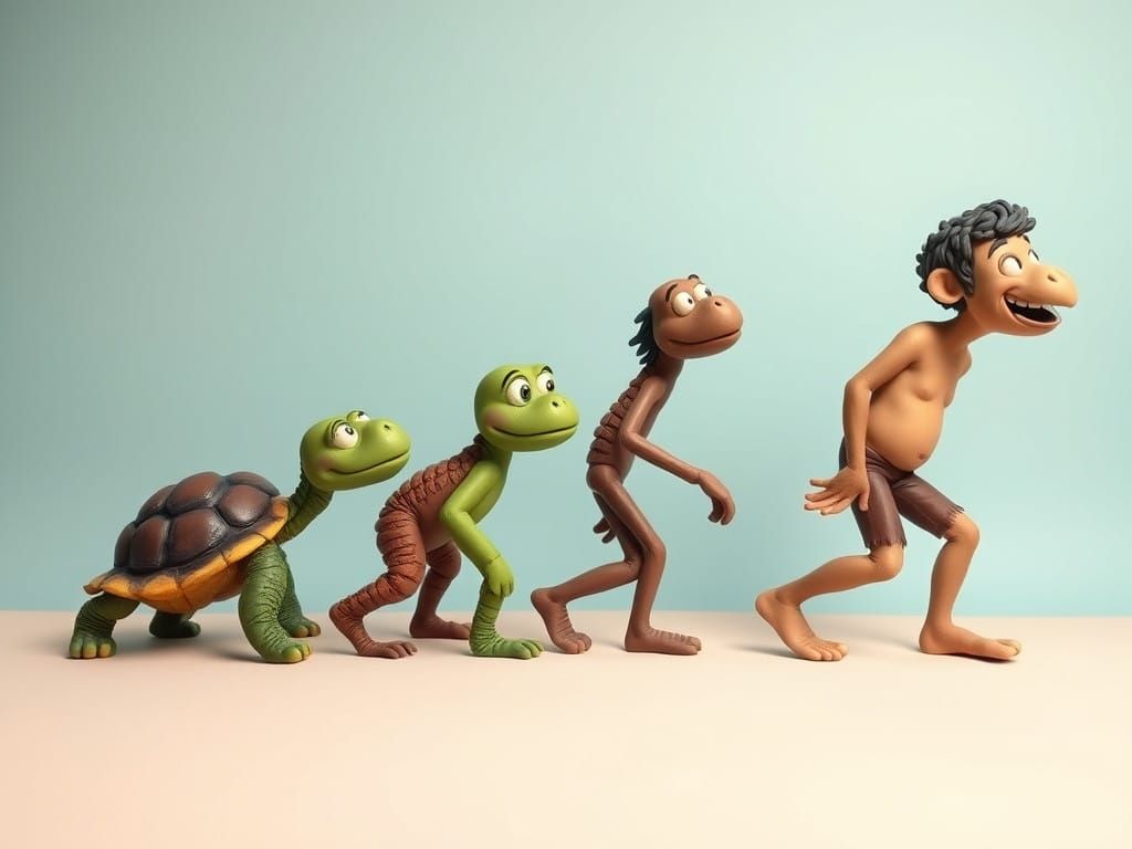 Evolution from Turtle to Human: A Clay Cartoon Vision