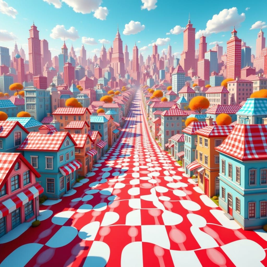 Whimsical Gingham Cityscape in Low Poly 3D Style