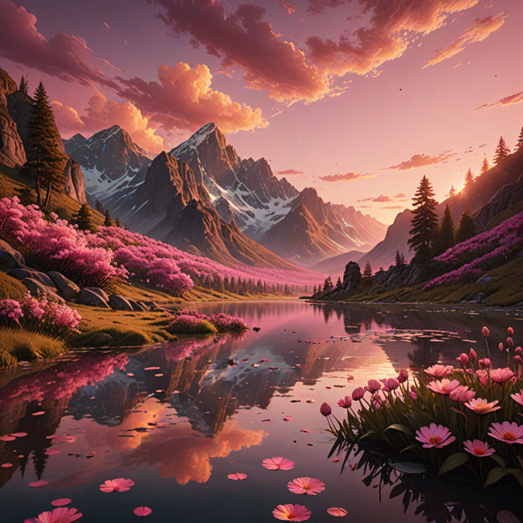 Vibrant Pink Sunset Amidst Majestic Mountains