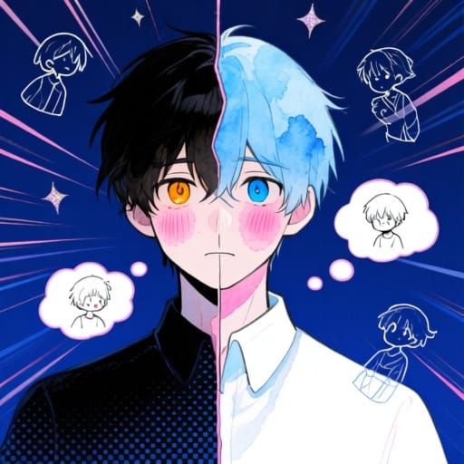 Split image. This captivating portrait showcases a character...