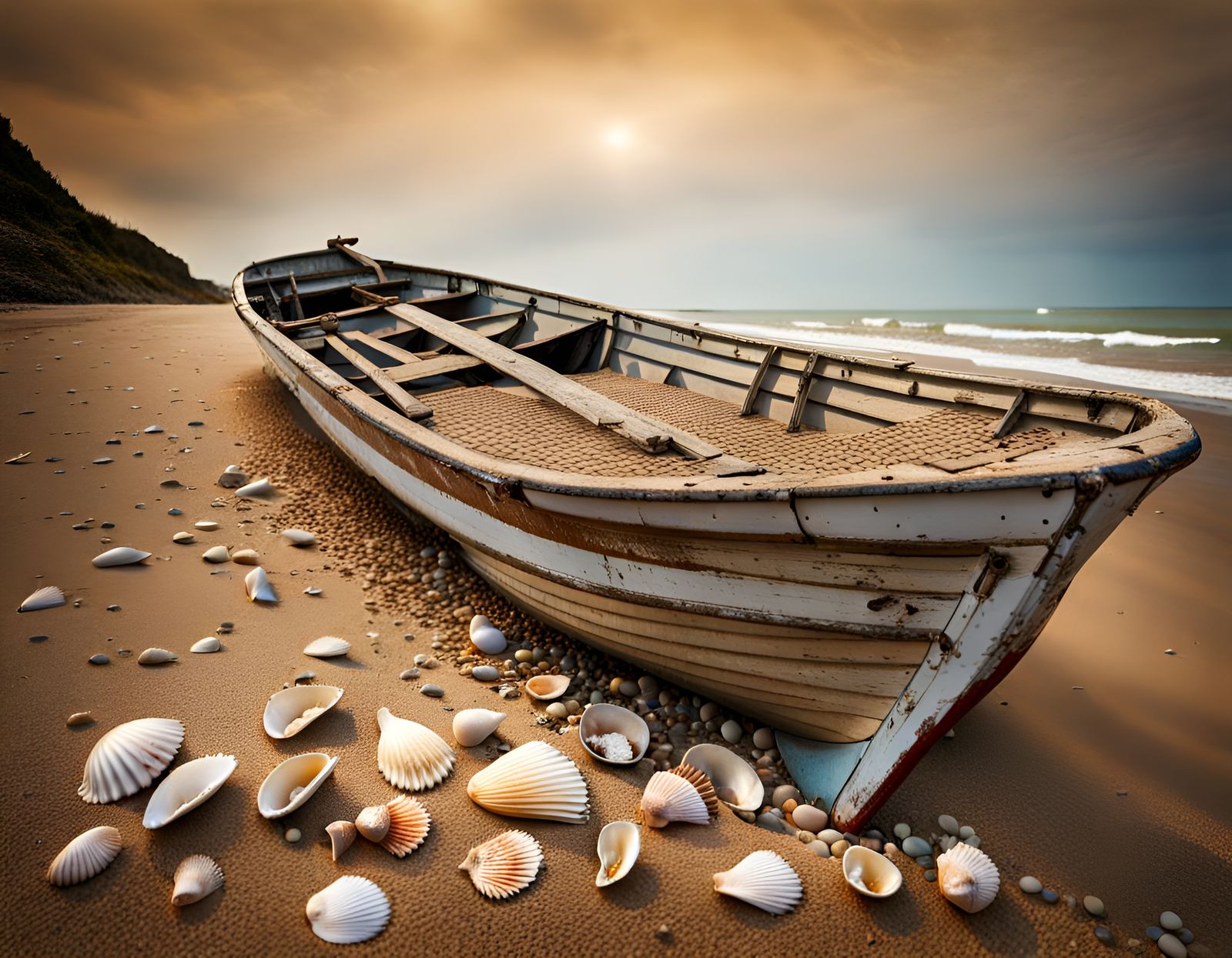 Old Boat on Beach with Seashells
