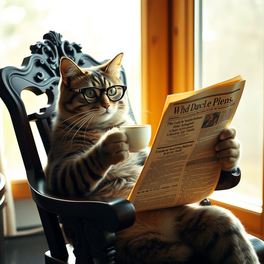 Boomer Cat Reading Newspaper in Film Style