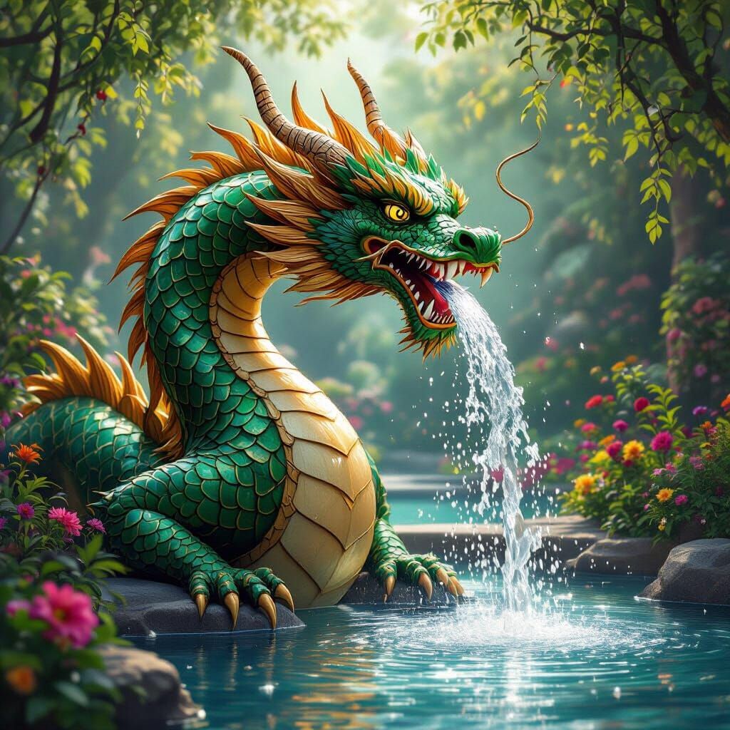 Dragon Fountain in Detailed Fantasy Art Style