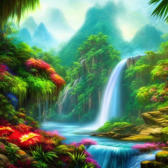 Tropical Waterfall in Fantasy Landscape Art