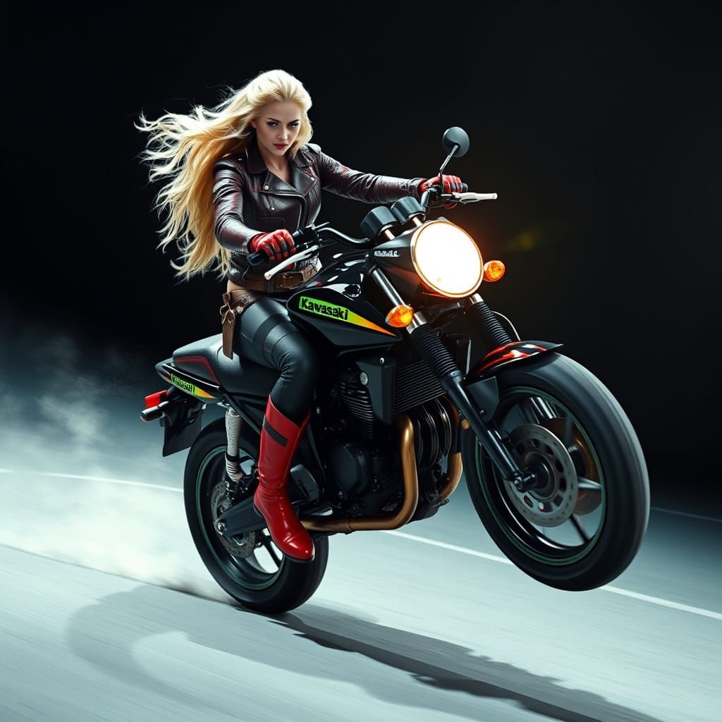 Warrior Princess Motorcycle Wheelie in Sci-Fi Style