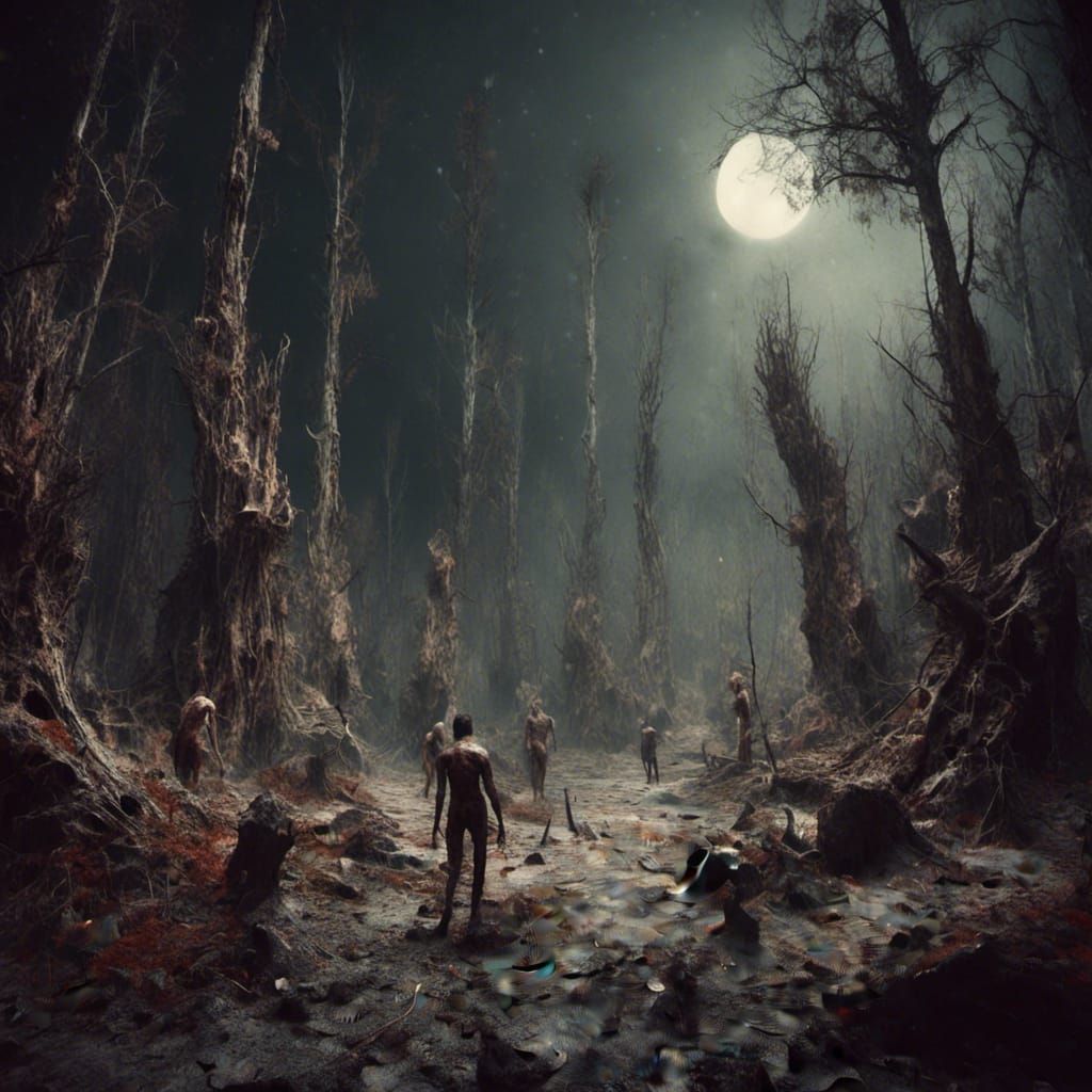 Lunar Forest with Cave Dwellers in Macabre Style