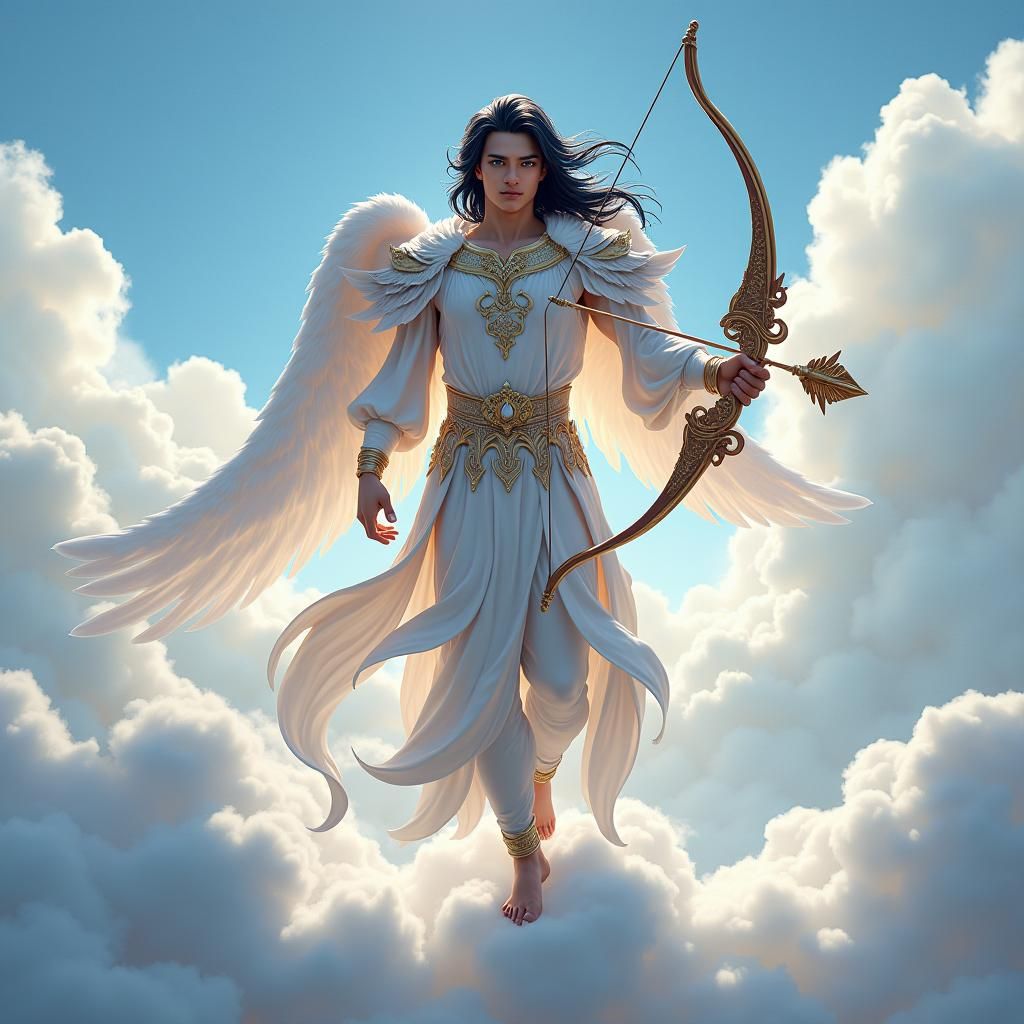 Asian Cupid on Clouds in Hyperrealistic Style