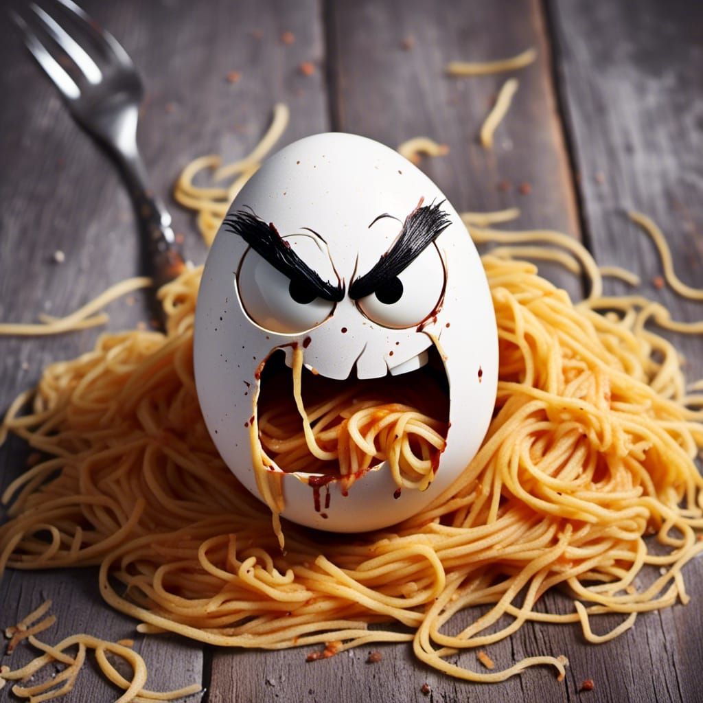 Angry Egg with Spaghetti, Whimsical Character Art
