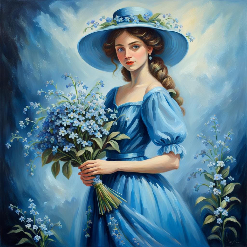 Woman with Forget-Me-Nots in Oil Painting