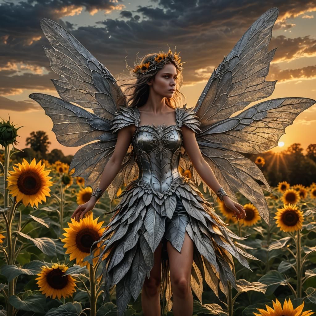 Fairy on Sunflower at Sunset: Hyperrealistic Digital Art