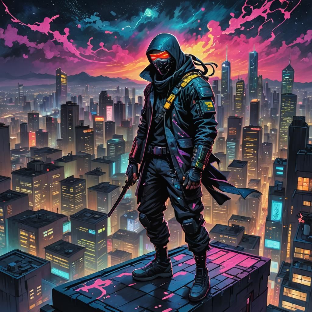 Cyberpunk Ninja Overlooking Neon Megacity at Night