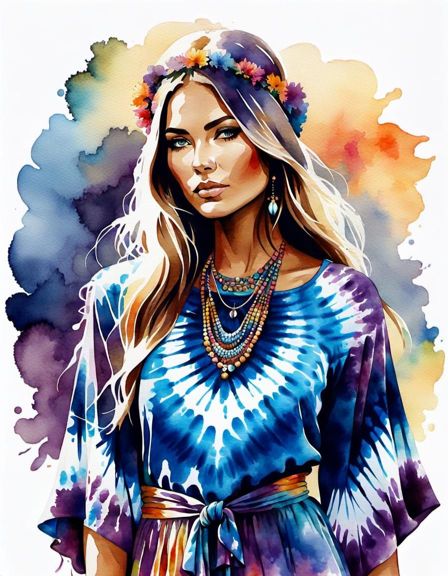 Psychedelic Watercolor: Beautiful Hippie Girl in Tie Dye