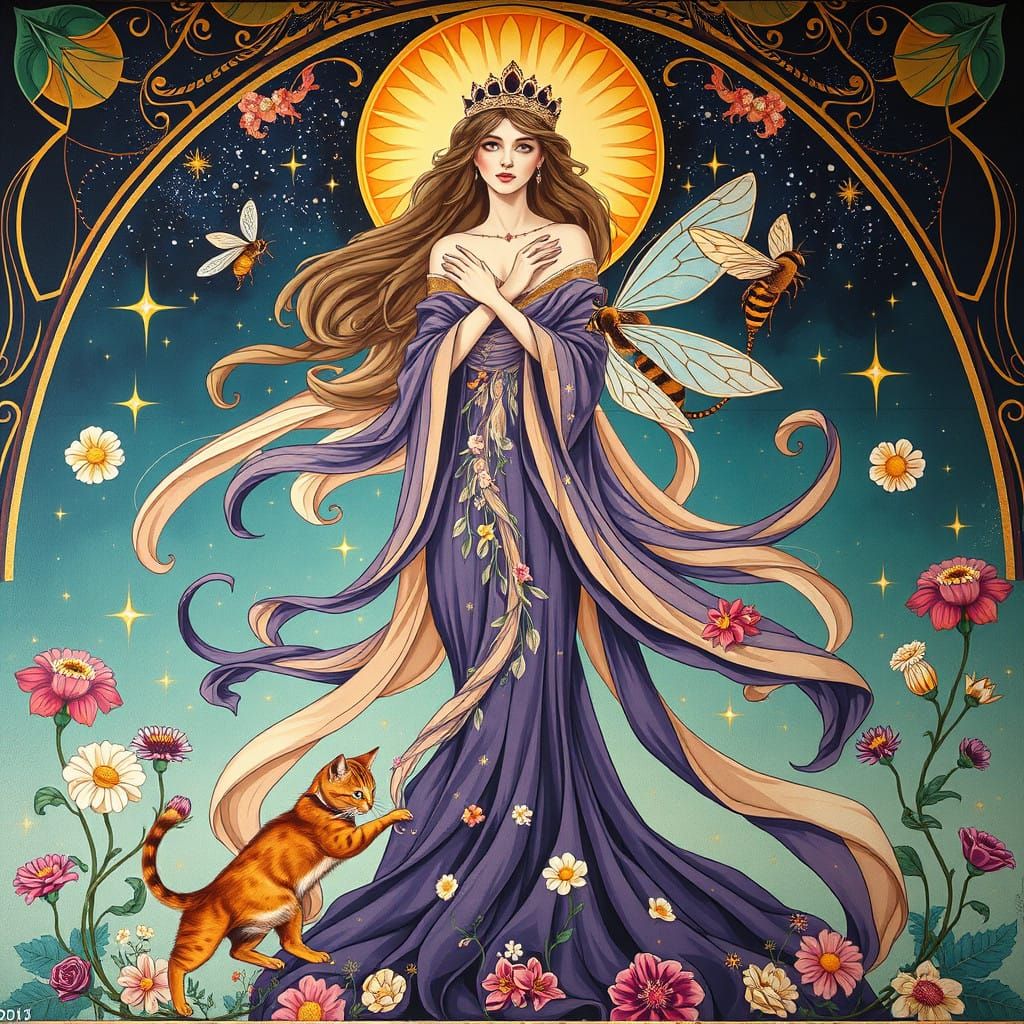 Regal Woman in Whimsical Art Nouveau Mural