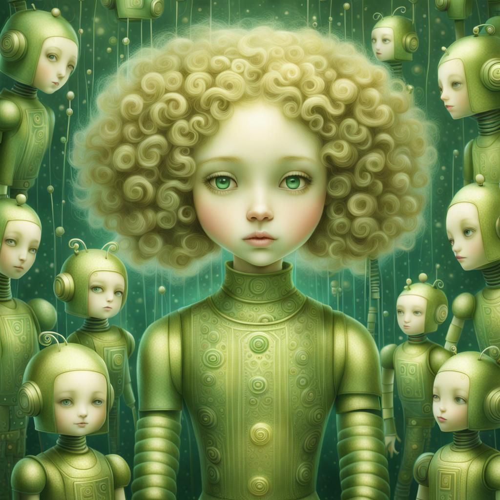 Android Girl Portrait with Tiny Robots in Surreal Style