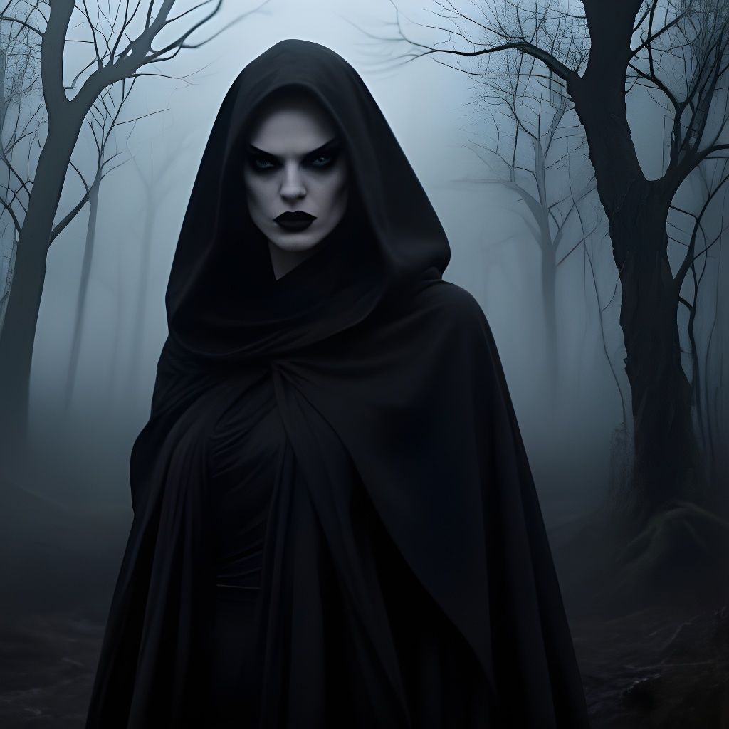 Mysterious Woman in Black Cloak, Gothic Forest Portrait