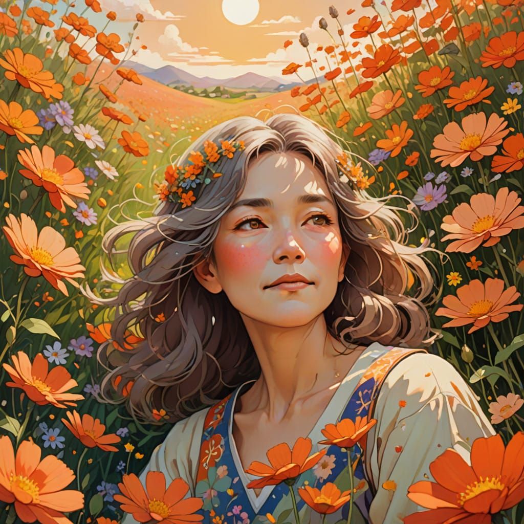 Serene Woman in Whimsical Anime Landscape