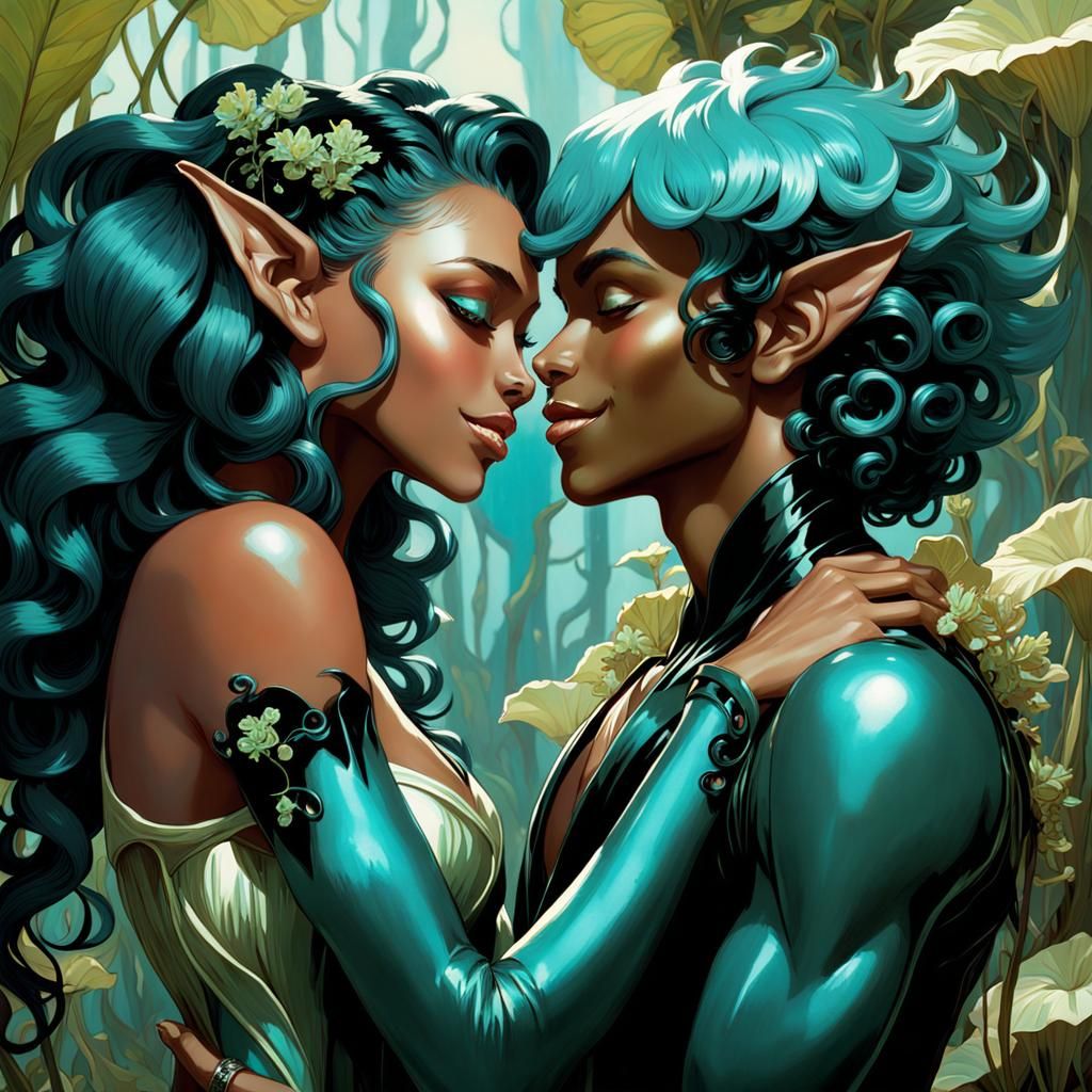 Teal Goblin Lovers Kiss in Double Exposure Art