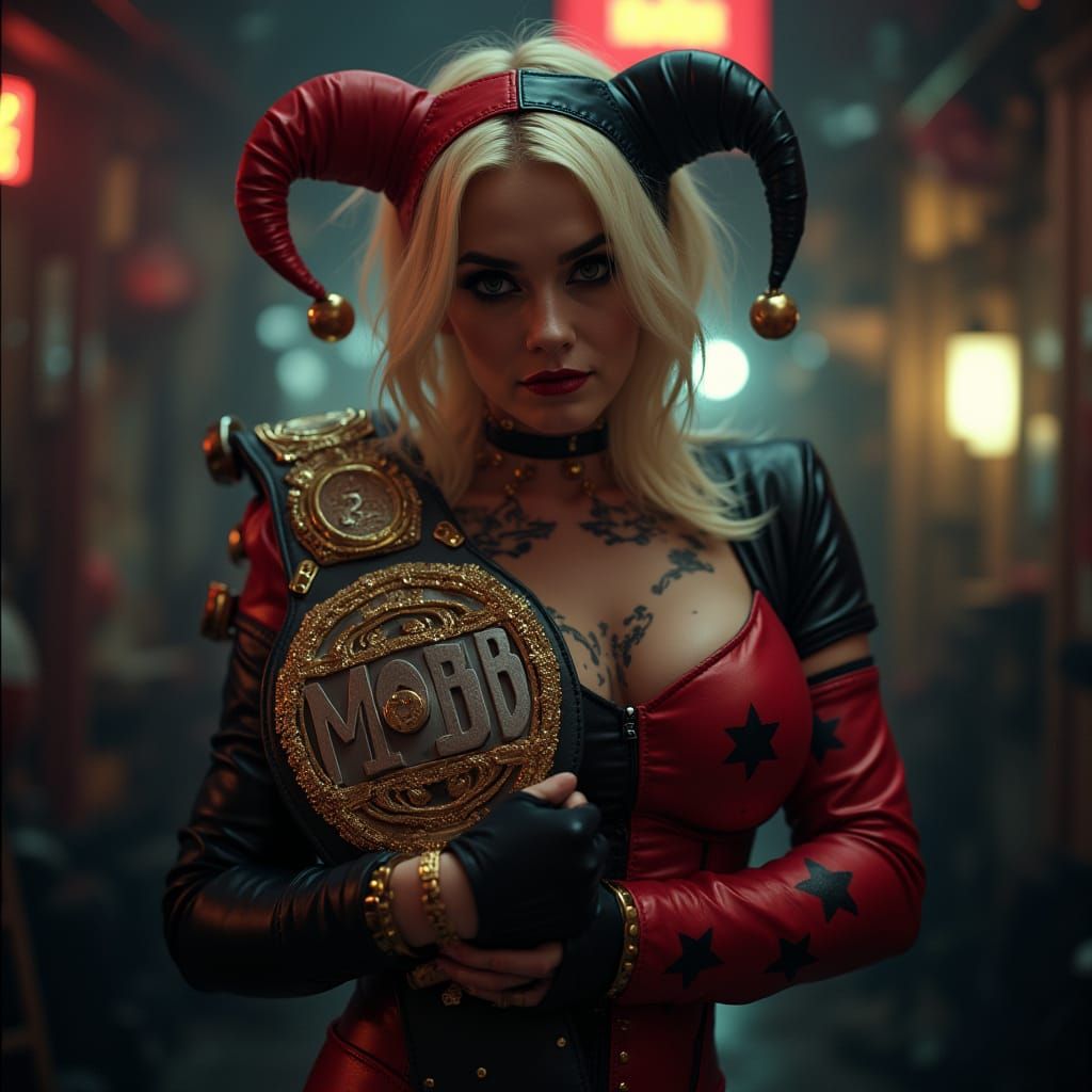 Harley Quinn with Championship Belt, Cinematic Style