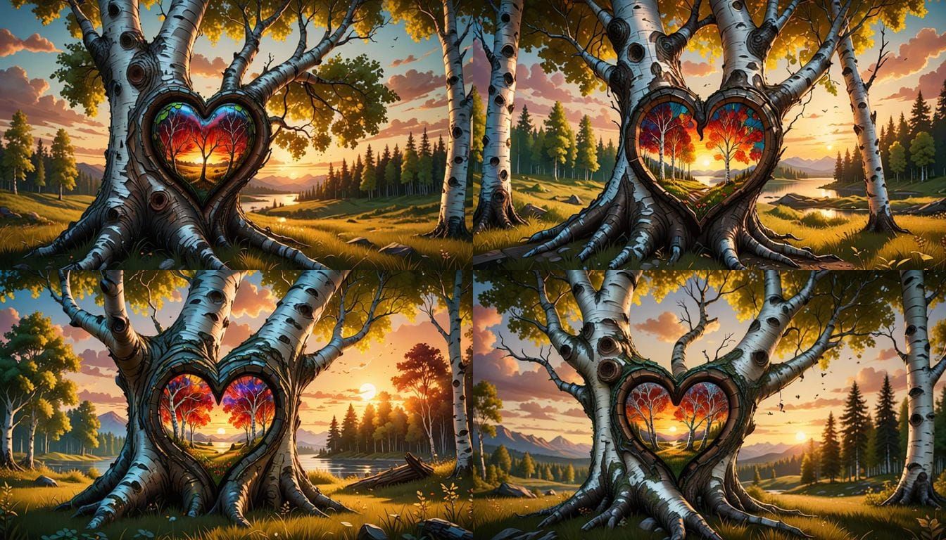 Vibrant Birch Forest Glows with Heartwood at Sunset