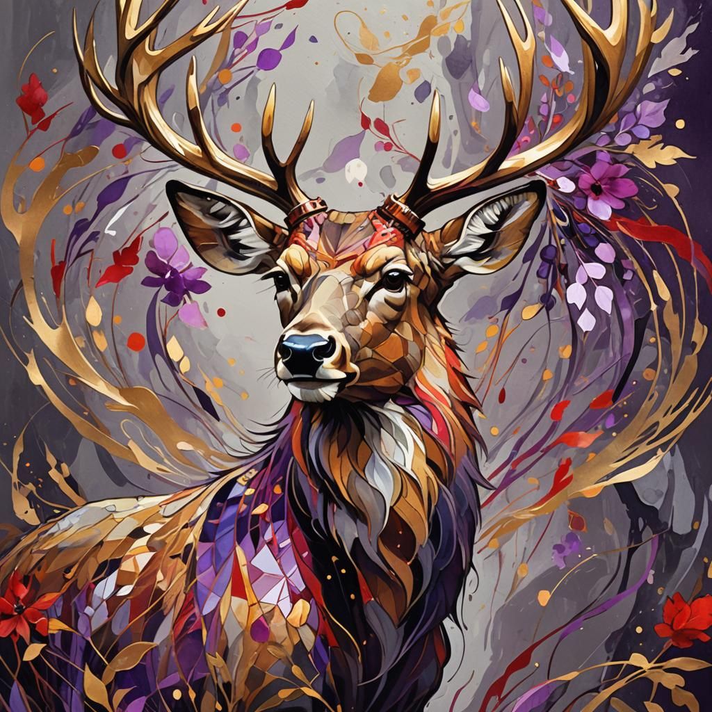 Colorful Deer Illustration with Textured Brushstrokes