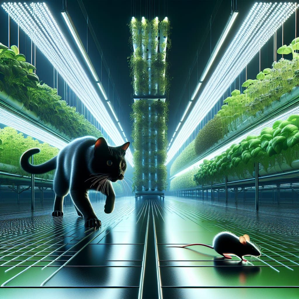 Black Cat Hunting Mouse in Futuristic Farm