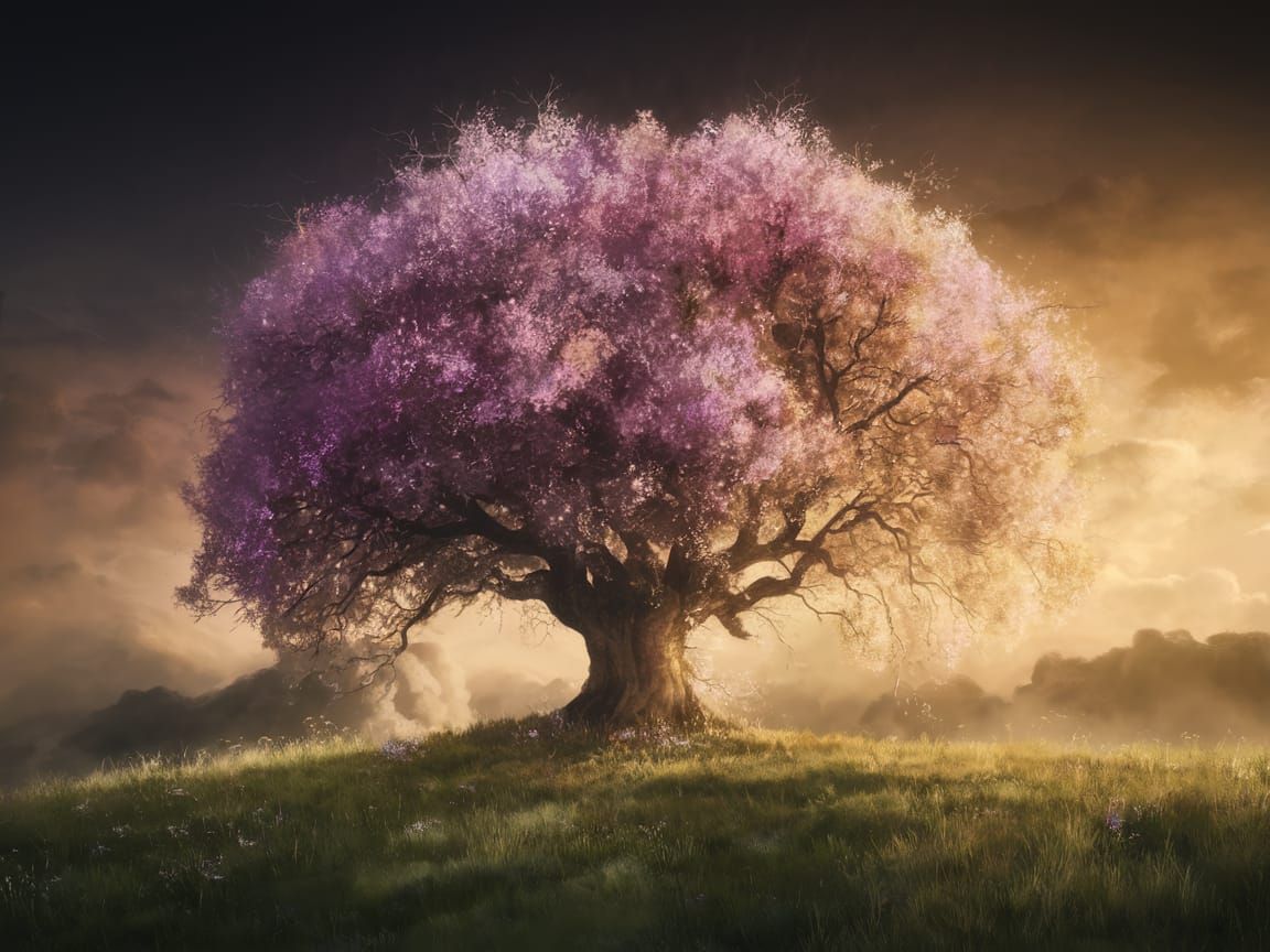 Golden Fantasy Tree on Purple Hillside