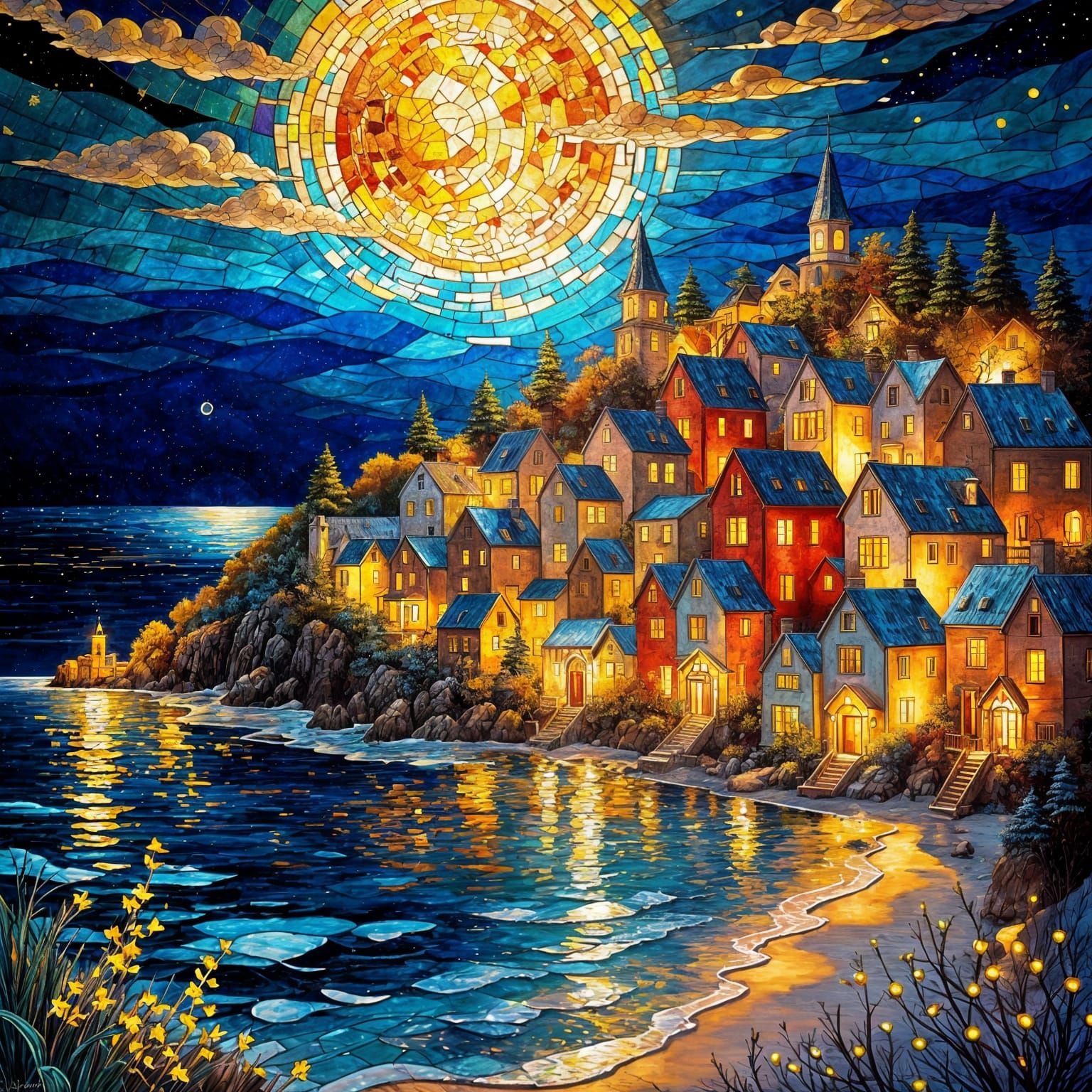 Stained Glass Moonlit Coastal Village Scene