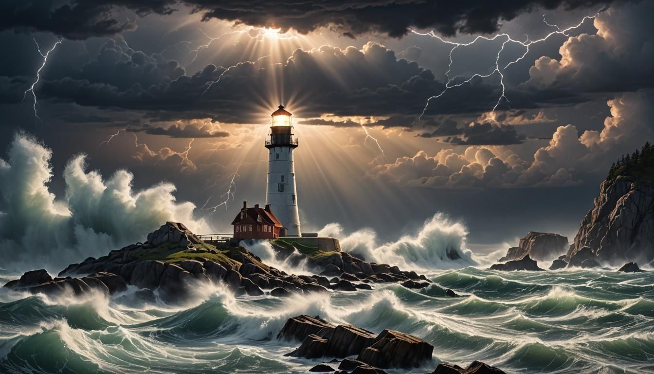 Lighthouse Beams Through Stormy Evening Sky