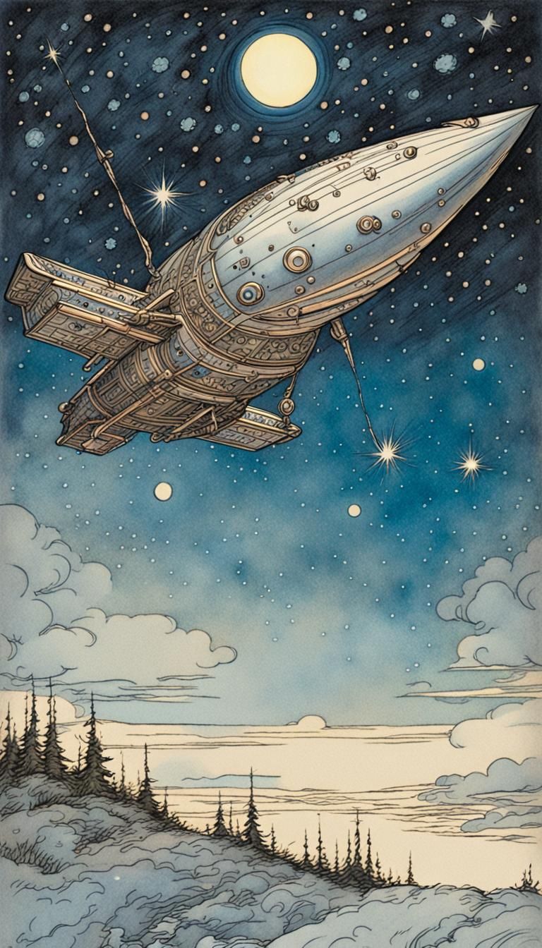 Spaceship Soaring Through Starry Sky as Ink Illustration
