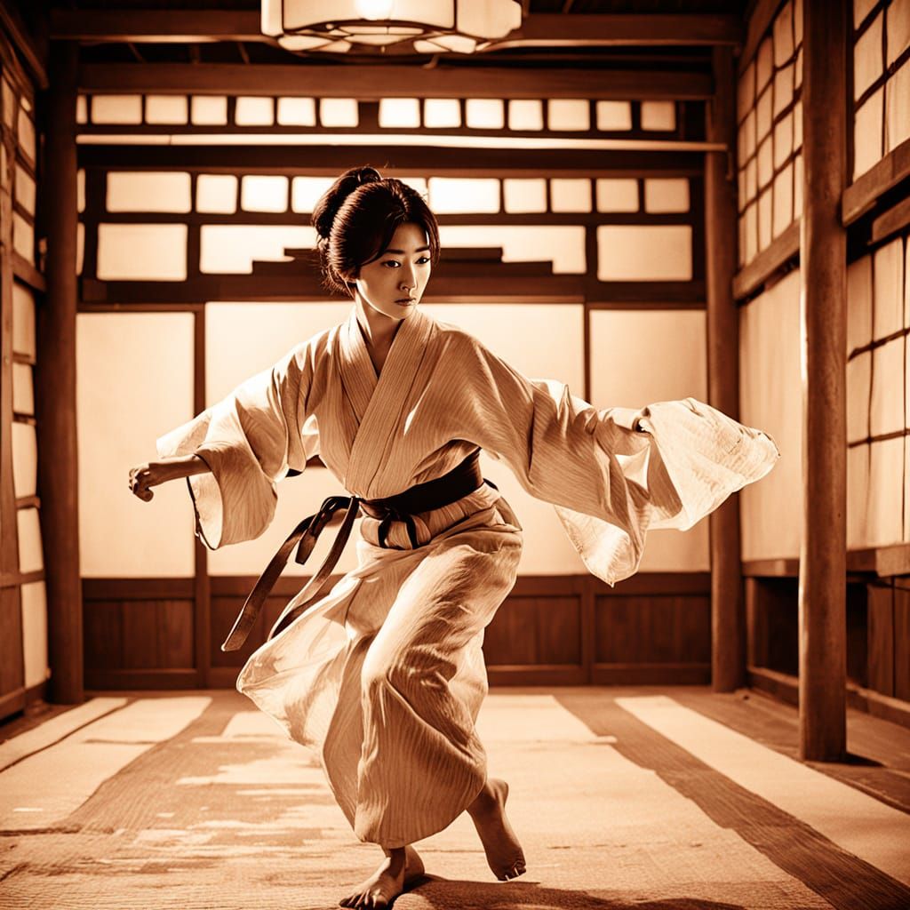 Japanese Woman in Kimono in Dynamic Karate Pose
