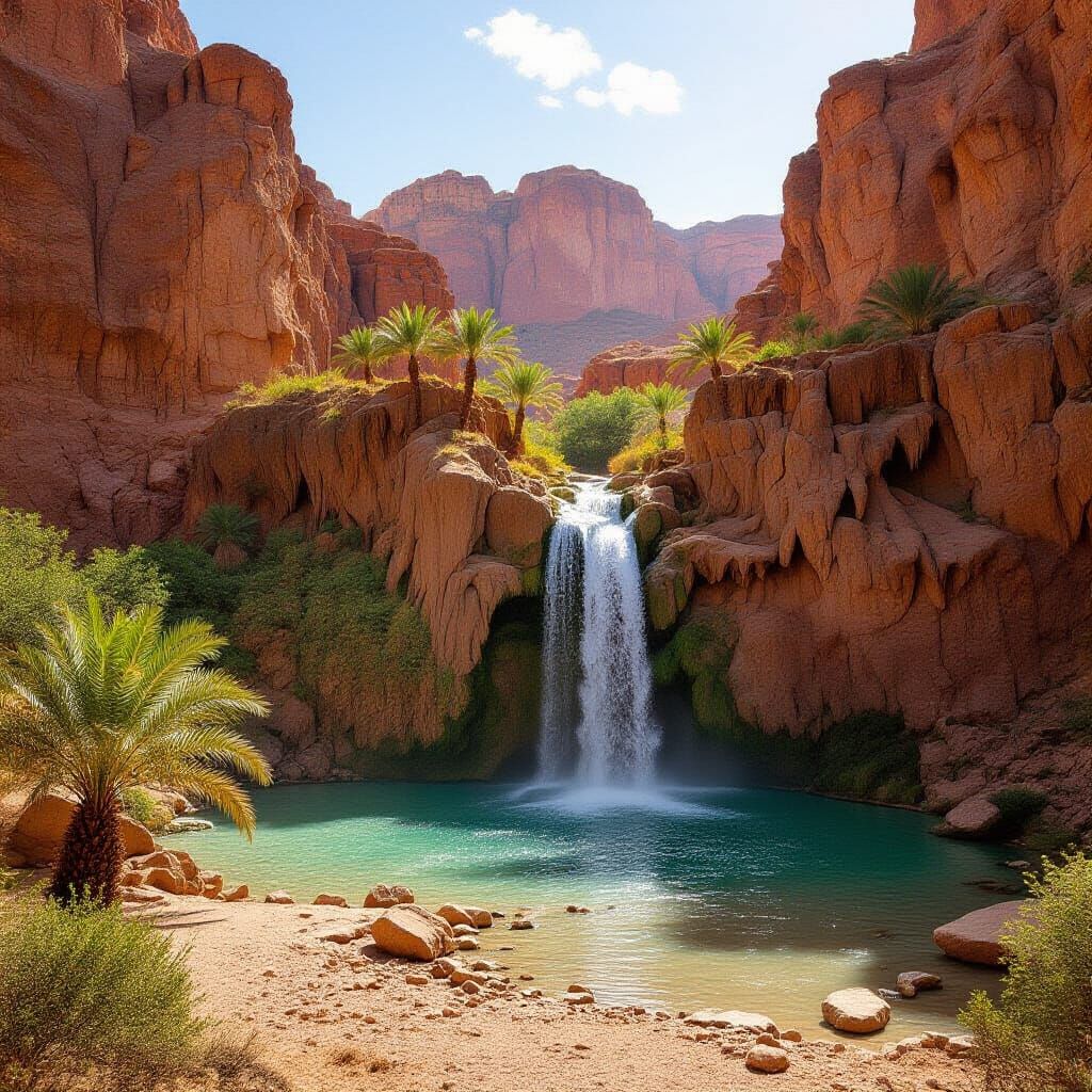 Desert Oasis Waterfall in Lush Greenery