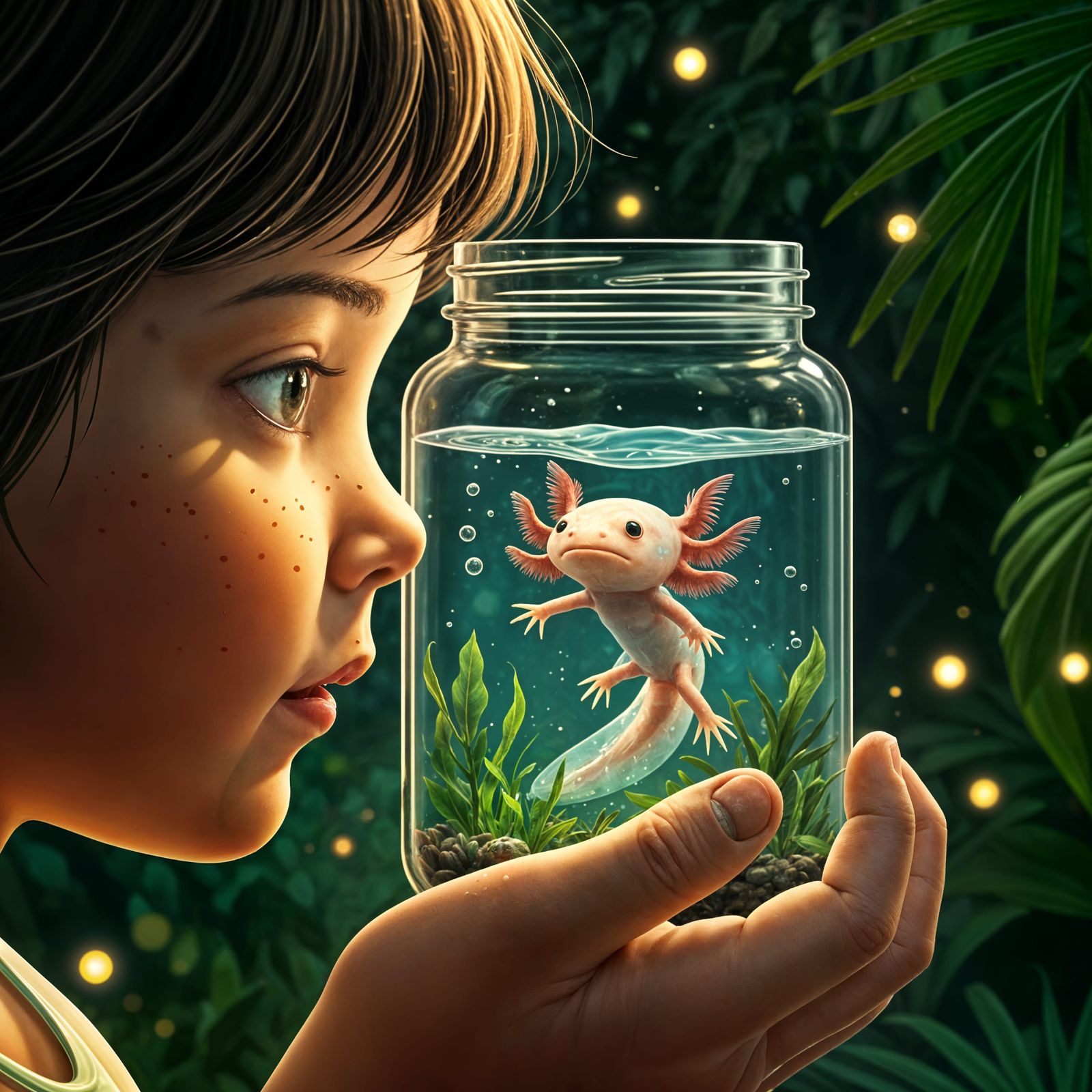 Whimsical Axolotl in Antique Glass Jar, Surrounded by Glowin...