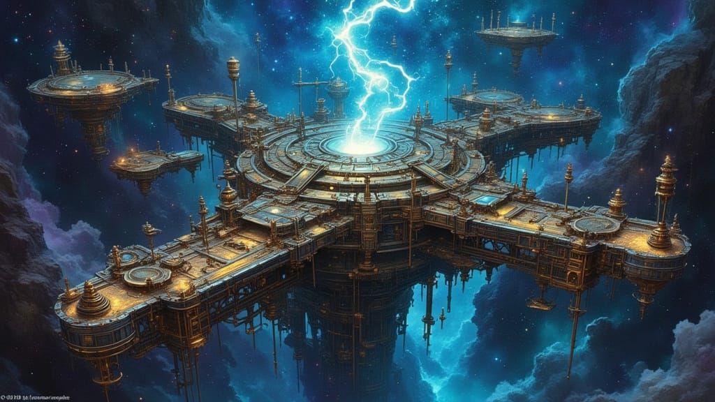 Intricate Steampunk Contraption in Starlight Nebula