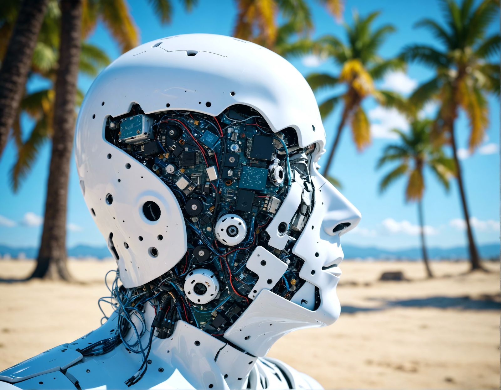 Futuristic Android Head on a Beach