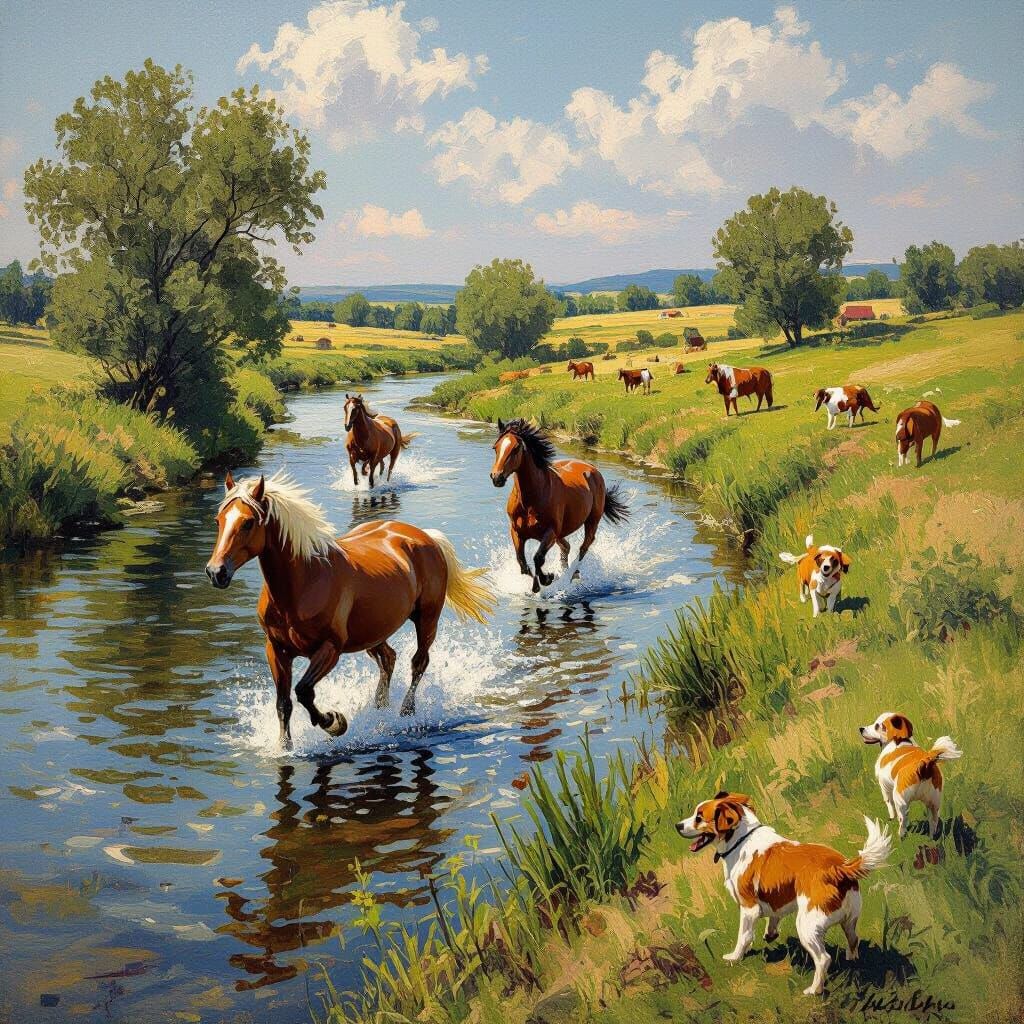 Wild Horses Galloping in River, Impressionistic Style