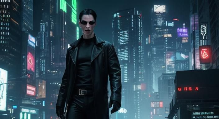 Neo's Crucifixion: A Matrix Scene in Cyberpunk Style