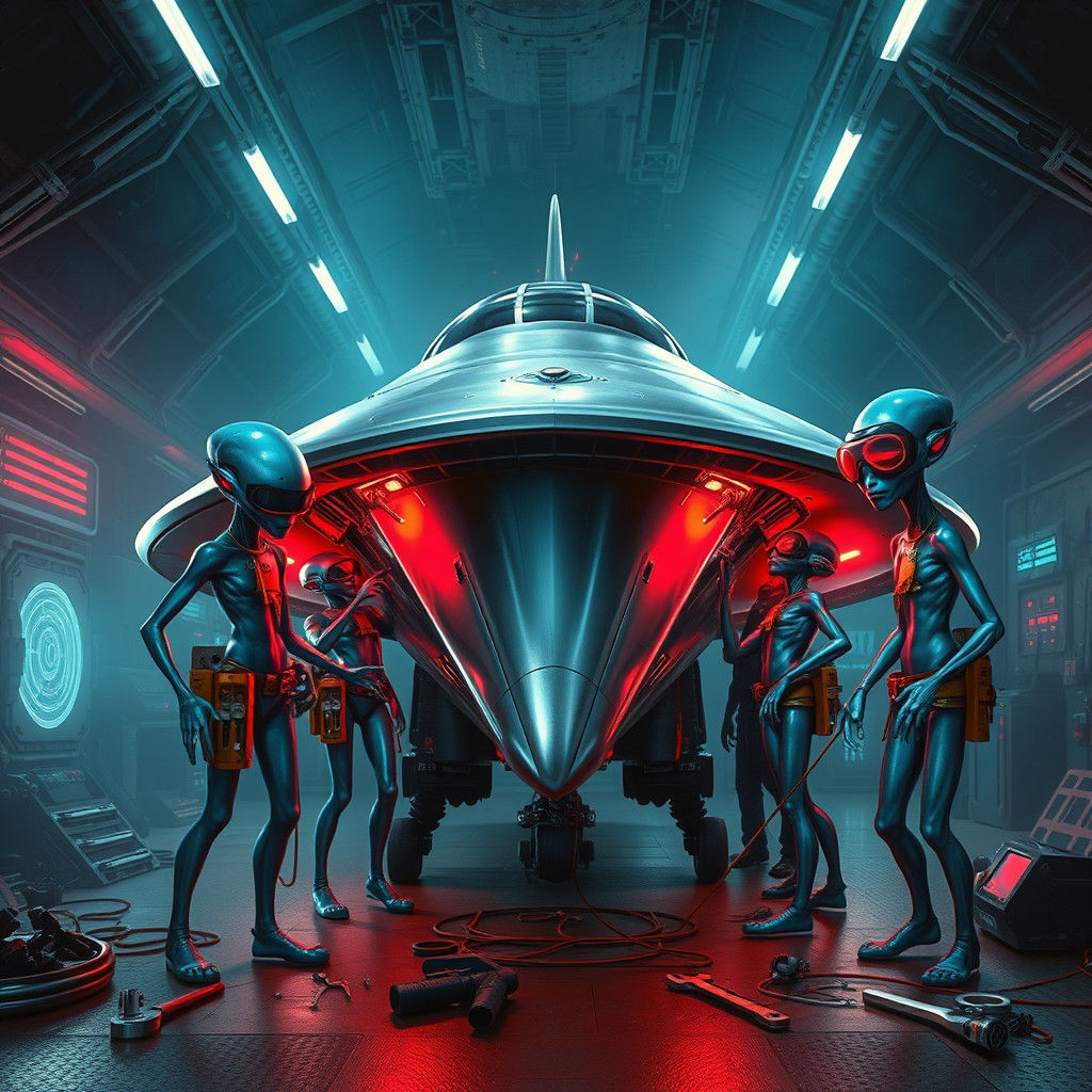 Alien Mechanics in Retro-Futuristic Hangar Repairing Interst...