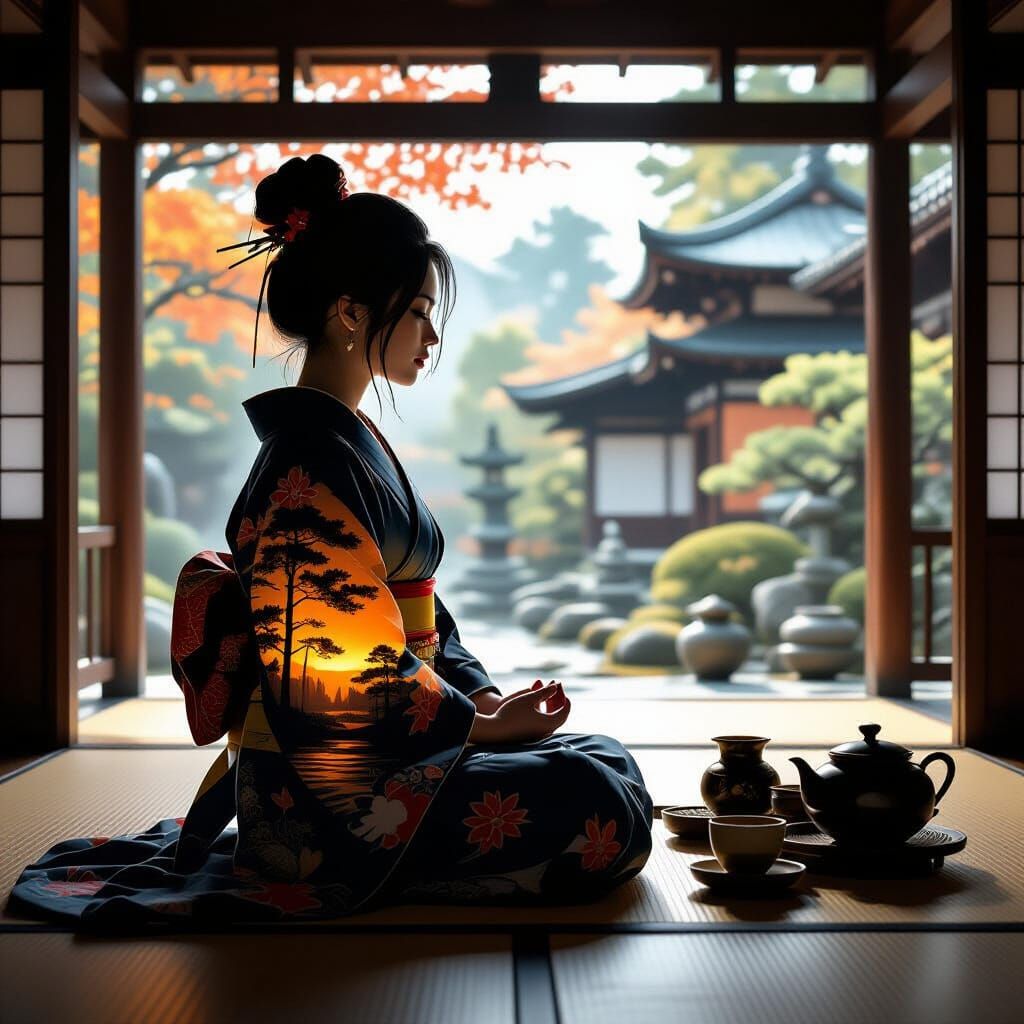 Samurai Meditation with Japanese Tea Ceremony Double Exposur...