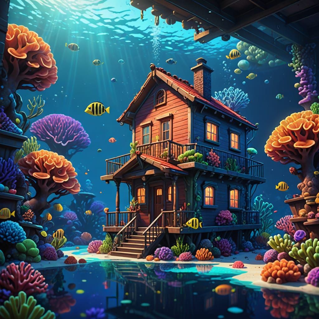 Underwater House with Coral Reef View as Pixar Art