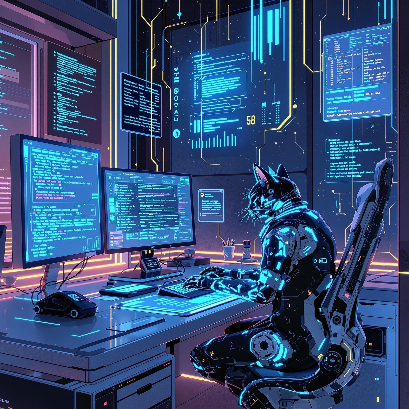 Cyberpunk Cat Coder in Futuristic Apartment