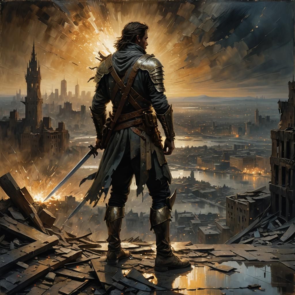 Warrior in Desolate Cityscape: Epic Fantasy Art