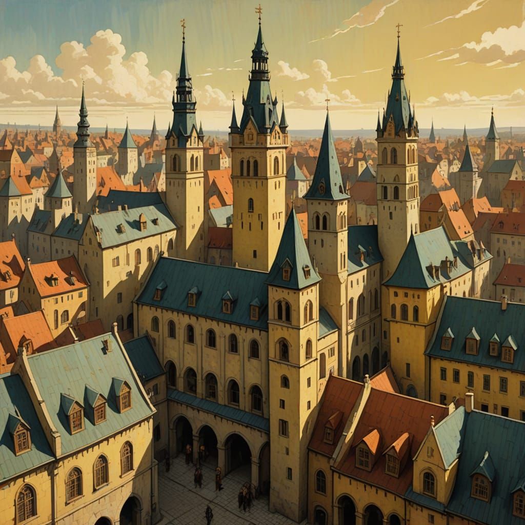 Medieval Eastern European Cityscape in Warm, Flat Colors
