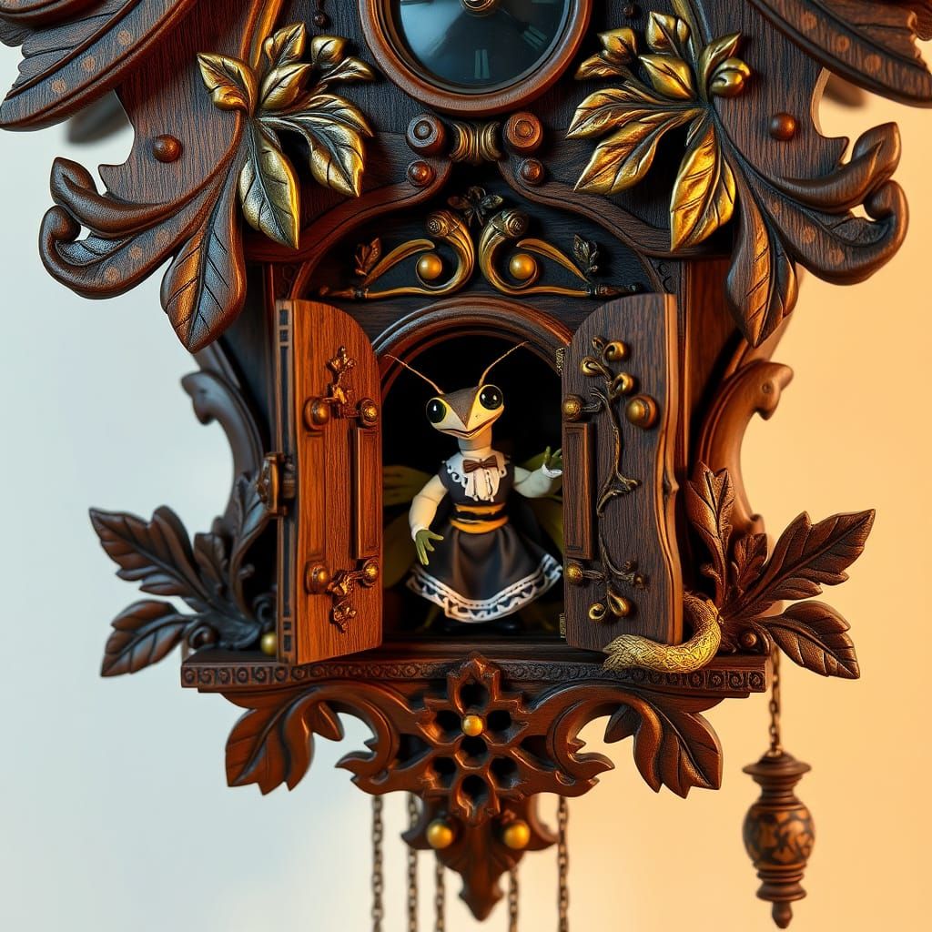 Baroque Cuckoo Clock with Mantis in Bavarian Dress