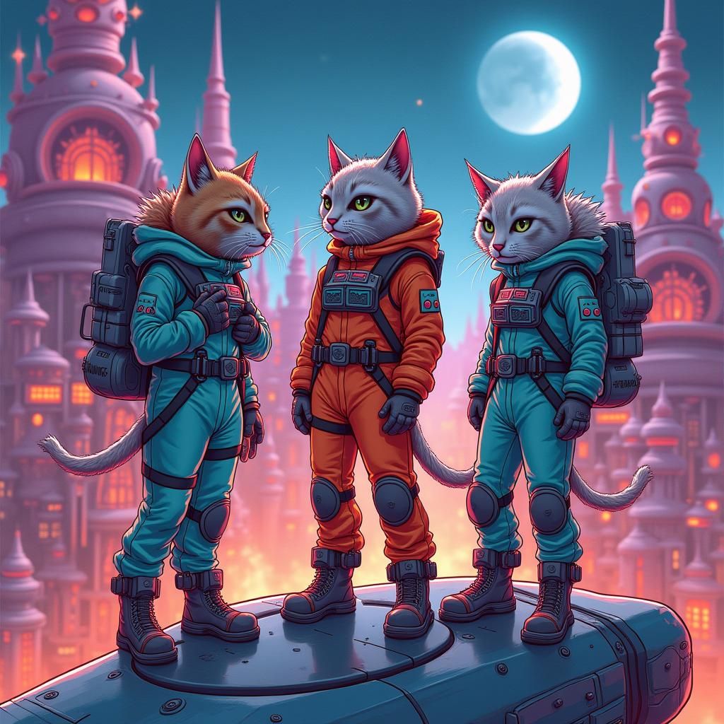 Cat Spacesuits on Feline Planet in Sci-Fi Style