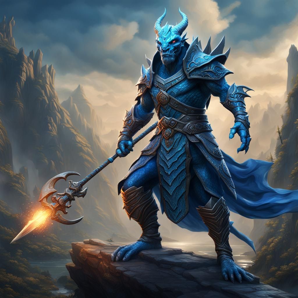 Blue Dragonborn Sorcerer with Staff: Fantasy Concept Art
