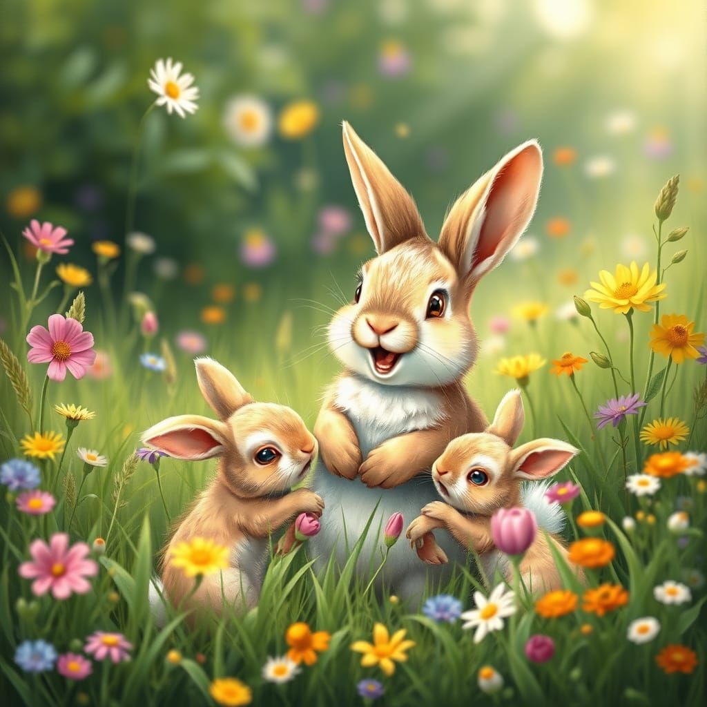 Happy Rabbit Family in Whimsical Meadow